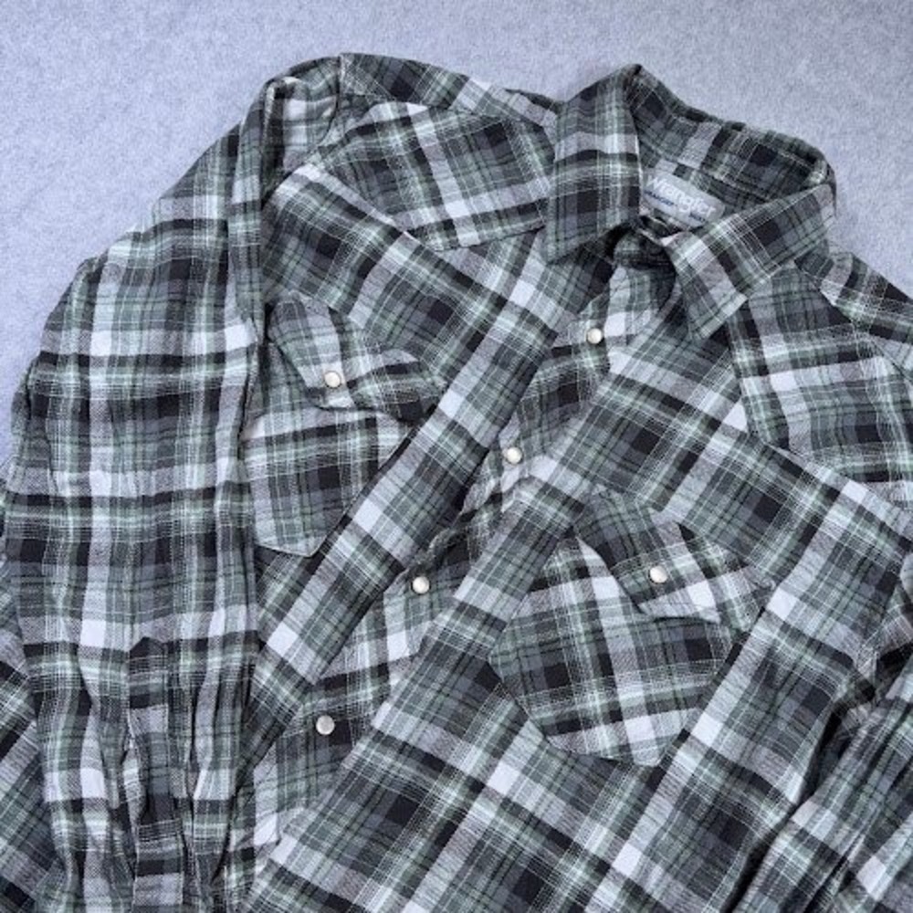 Wrangler Wrancher Shirt mens L Gray green plaid Western pearl Snap Long Sleeve